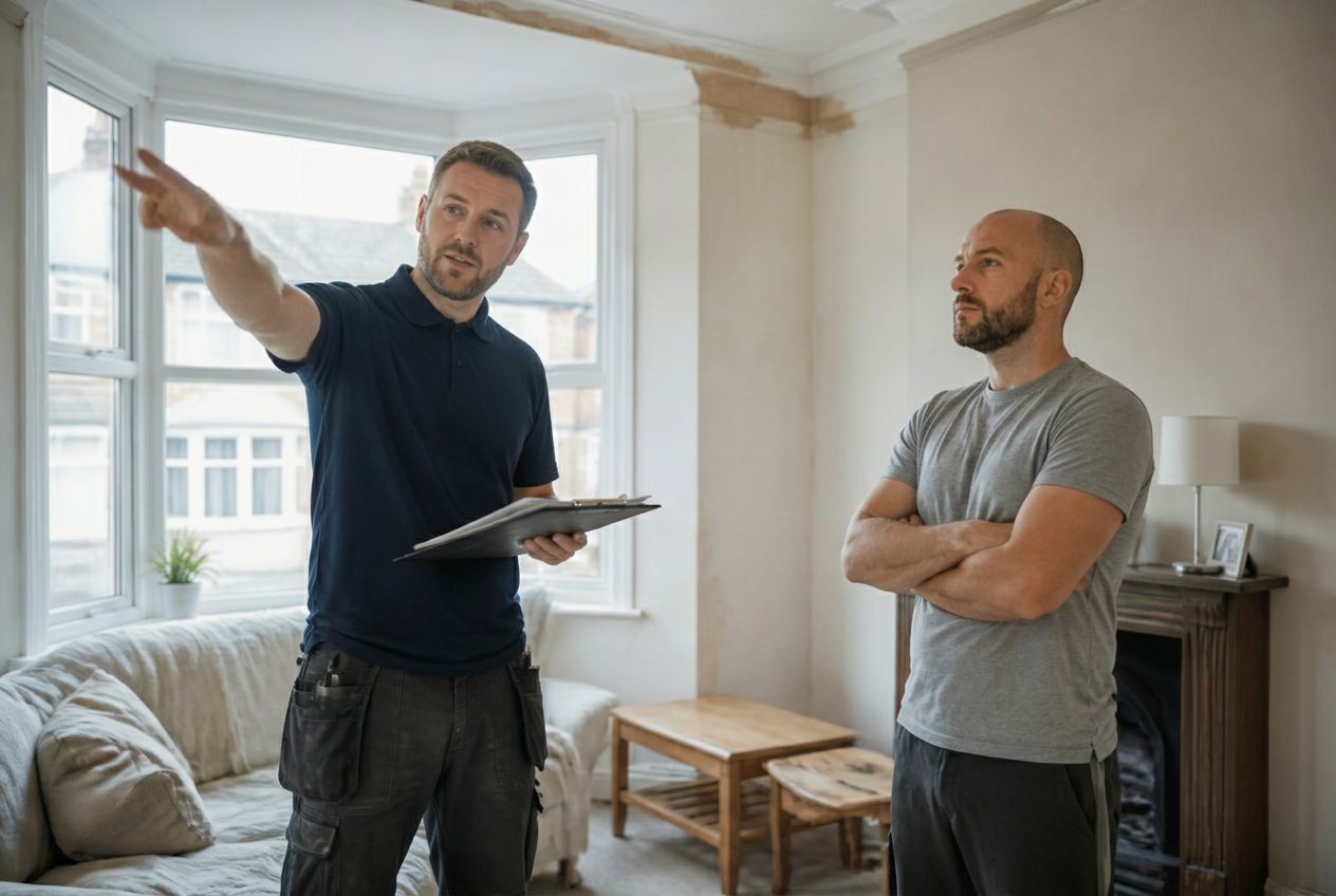 Builder talking through renovation work with a homeowner in a South London living room