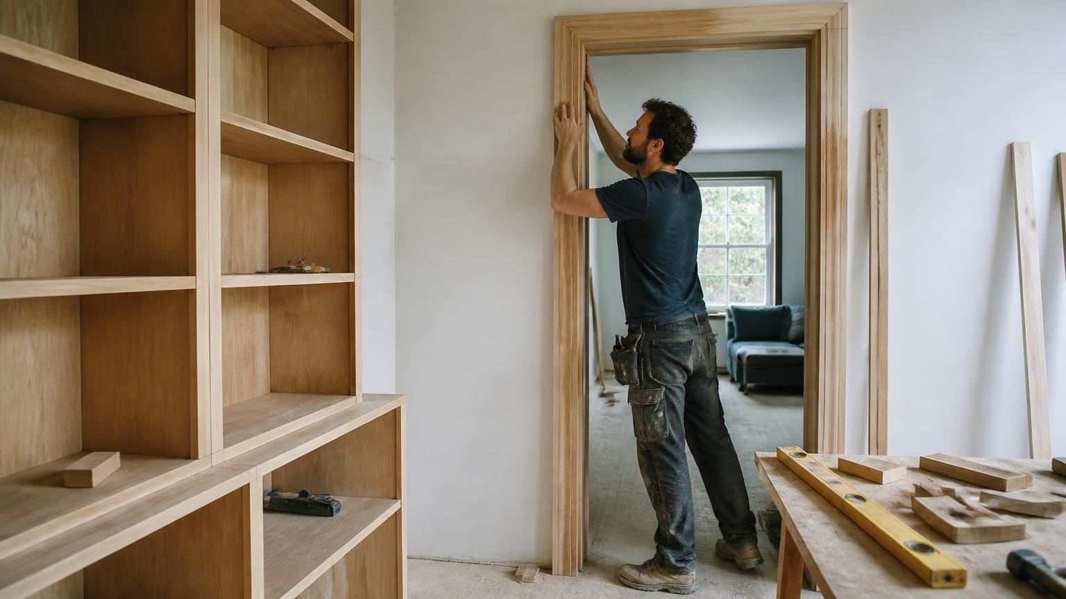 Carpenter fitting bespoke shelving and joinery in a Croydon home