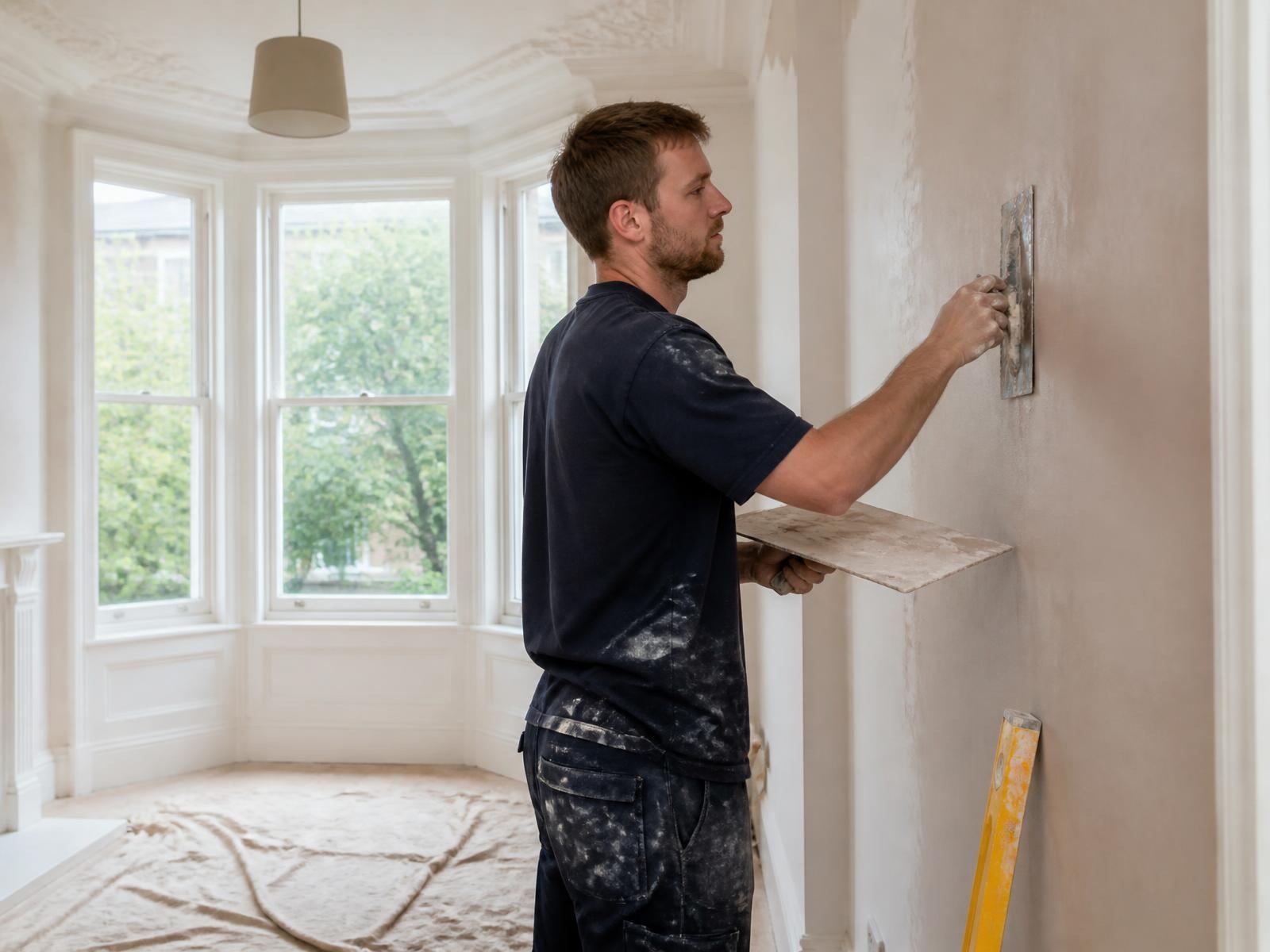 Tradesman skimming a wall during a home renovation in South London