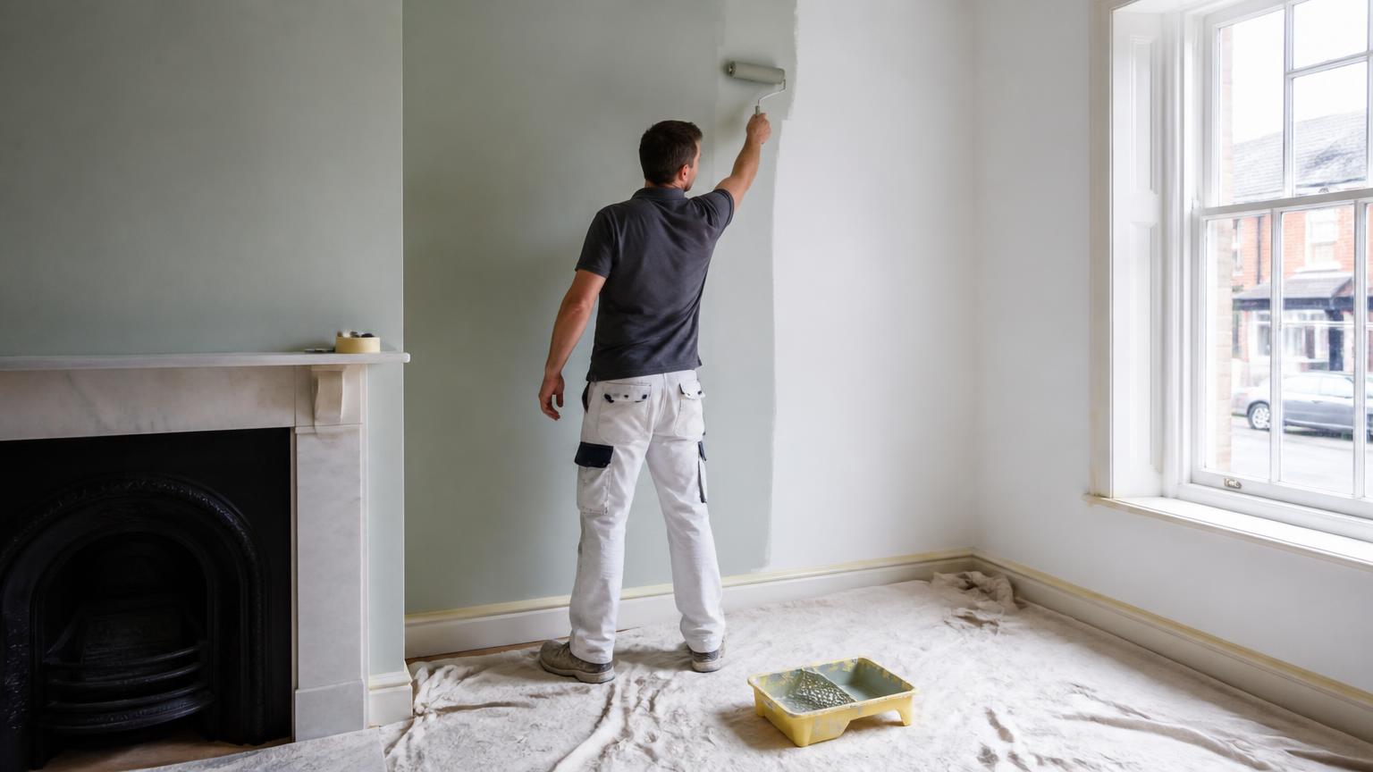 Decorator painting an interior wall in a South London home