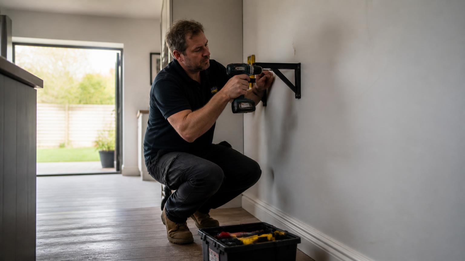 Handyman fitting a shelf bracket inside a South London home