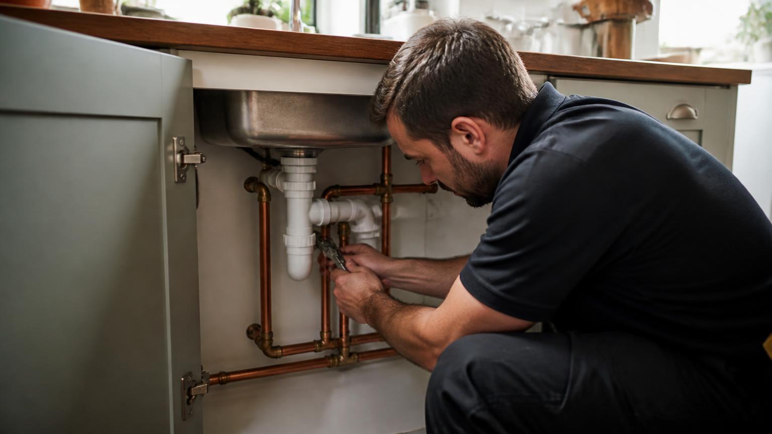 Plumber fitting pipework under a kitchen sink in Croydon