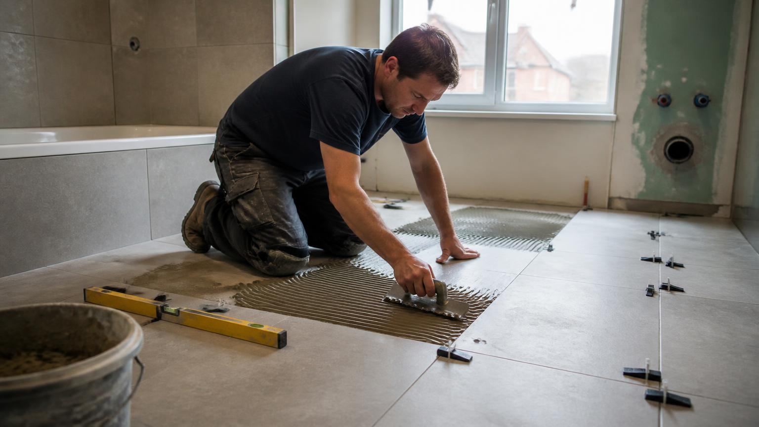 Tiler laying large format floor tiles in a South London bathroom