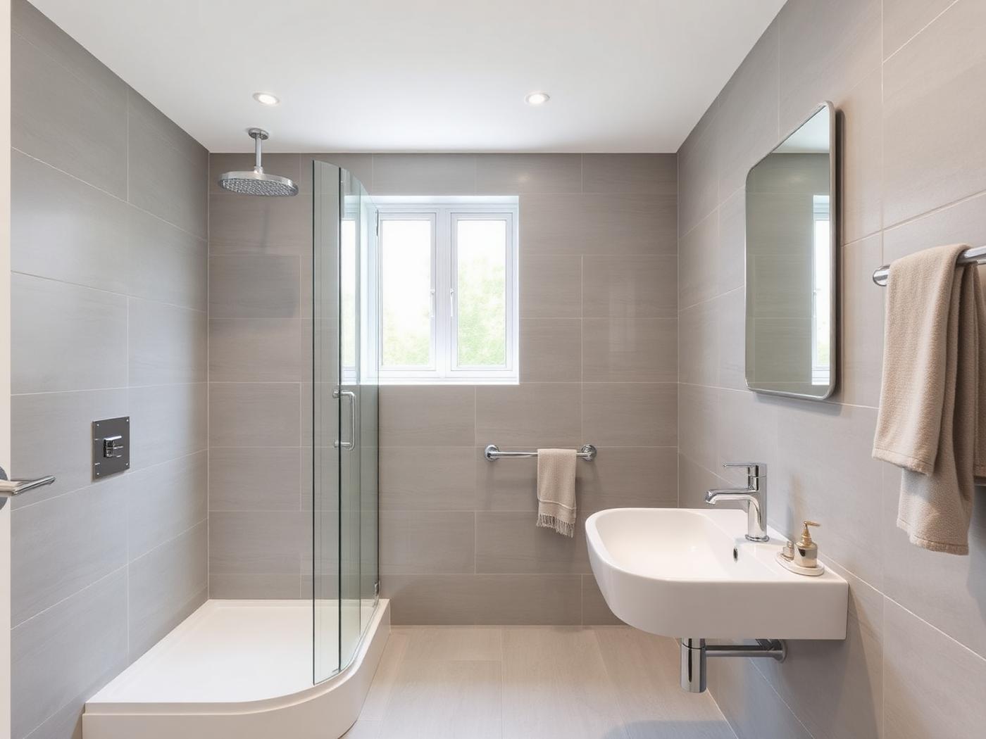 Finished bathroom with tiled walls, basin and glass shower screen