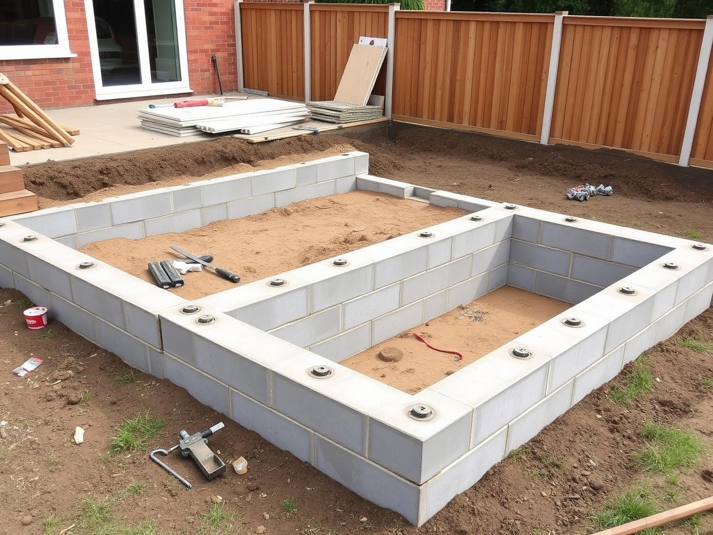 Concrete foundations and blockwork base for a house extension in a back garden