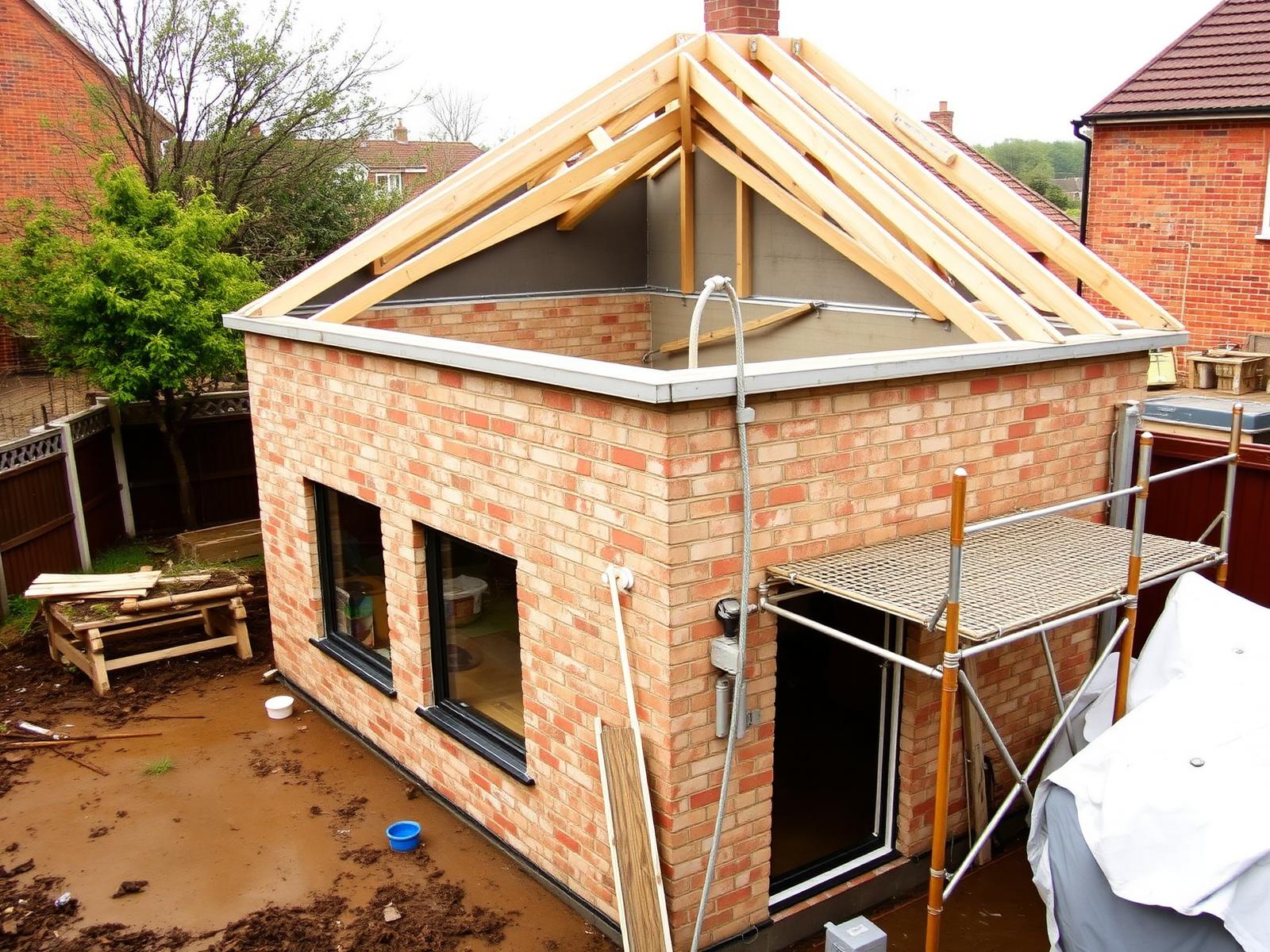 Extension brickwork up to roof level with timber roof joists and scaffolding