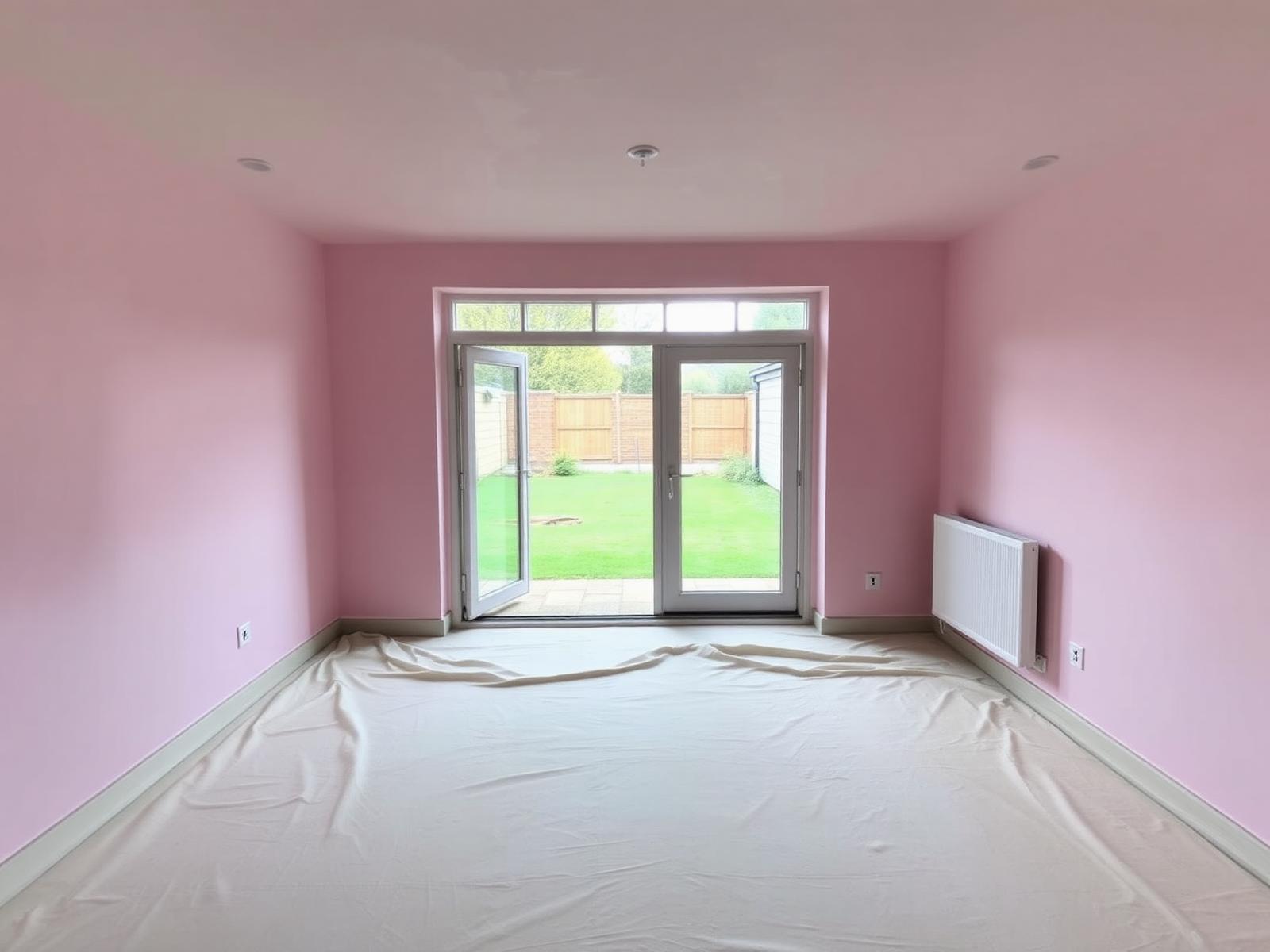 Newly plastered extension interior with garden doors and dust sheets down