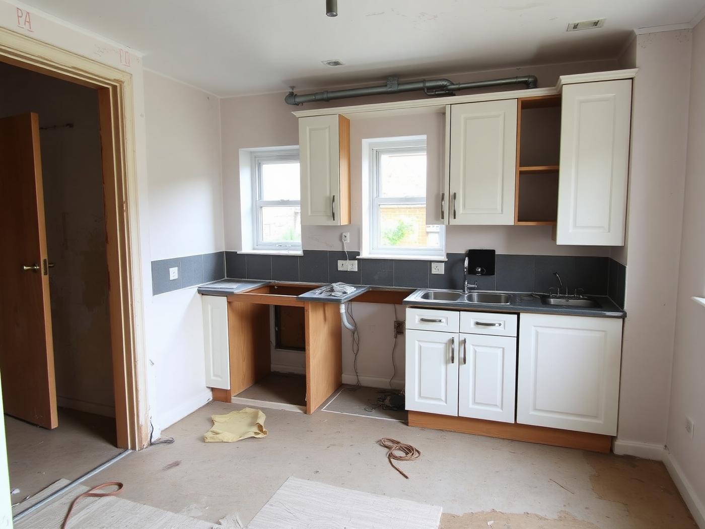 Kitchen mid renovation with old units removed and pipework capped off