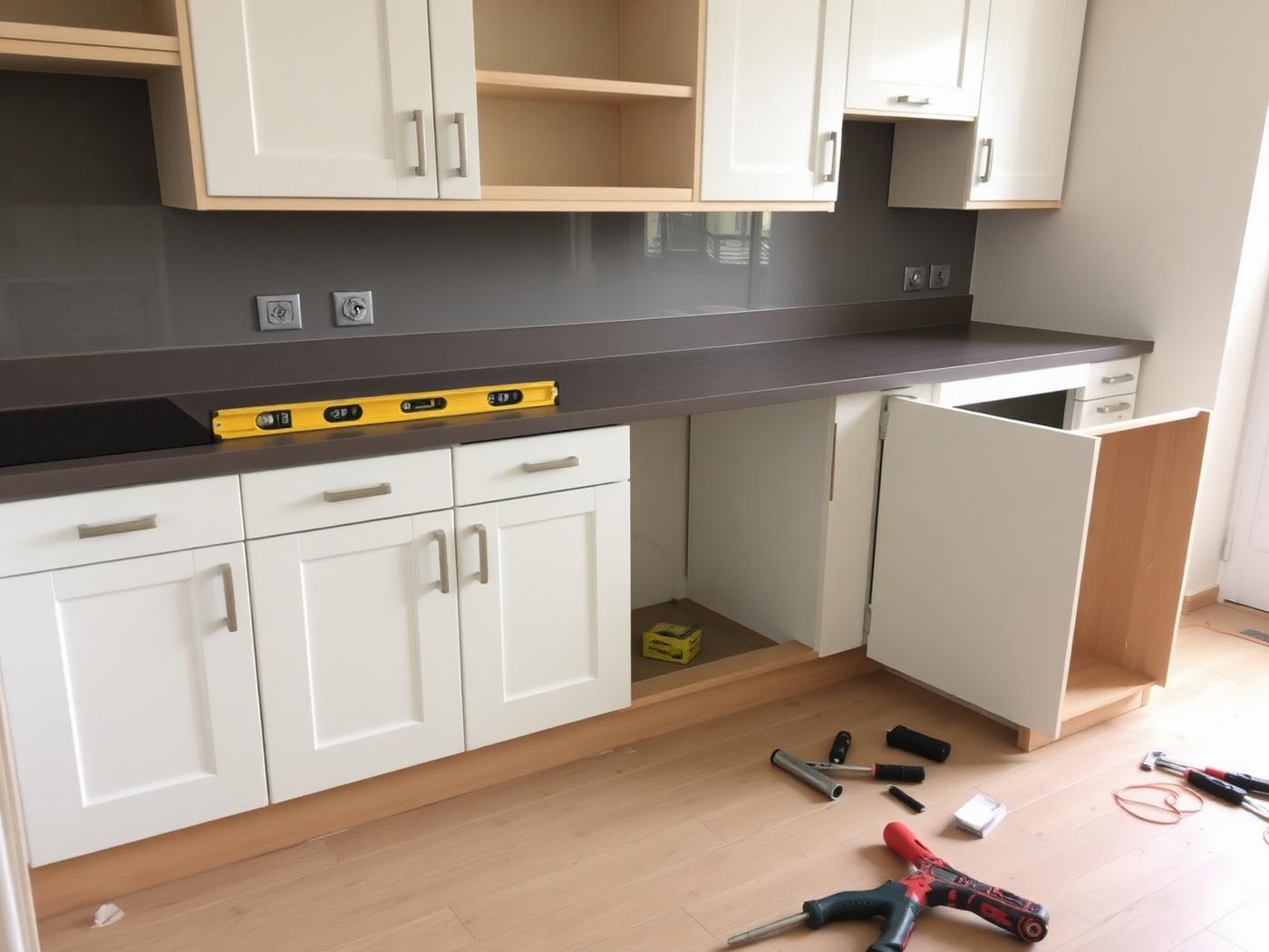 Fitted kitchen units and worktop in a refurbished kitchen