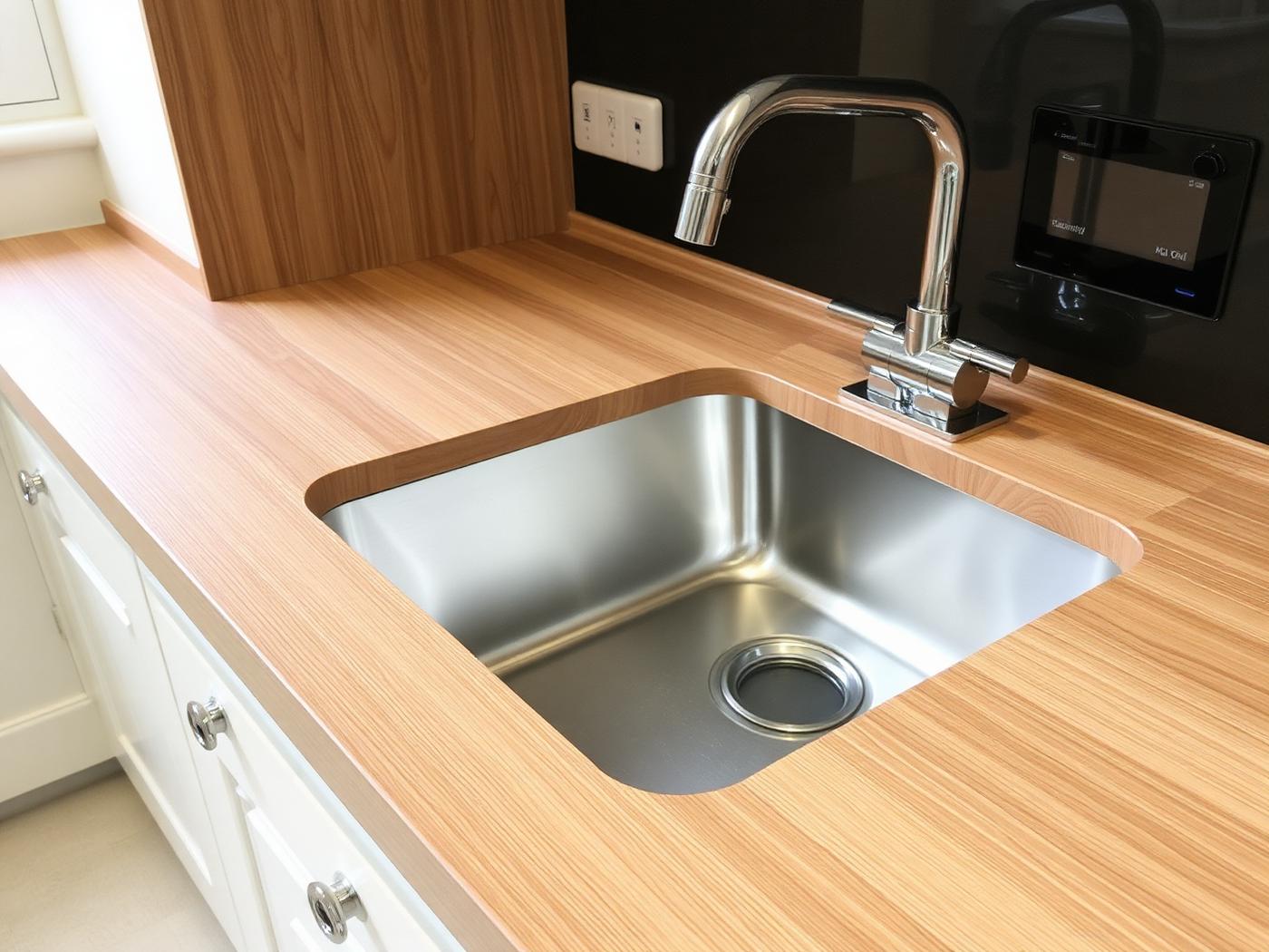 New worktop with stainless steel sink and mixer tap fitted