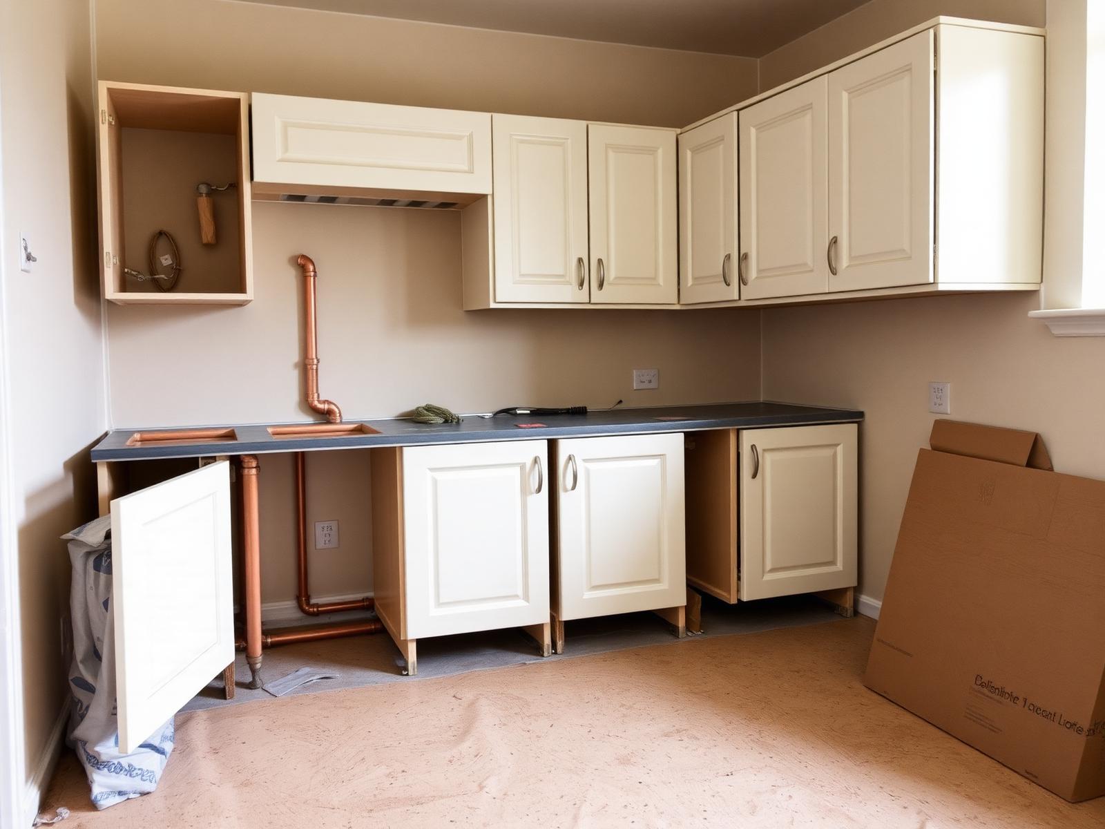 Kitchen units in place without doors, with capped pipework and bare floor