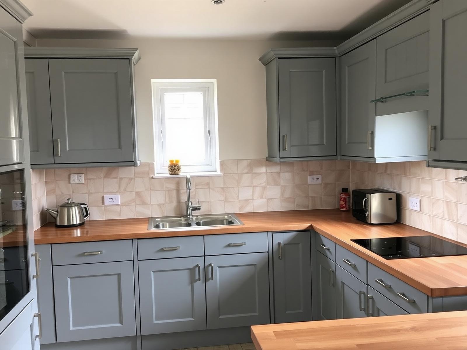 Finished kitchen with grey units, wood effect worktop and tiled splashback