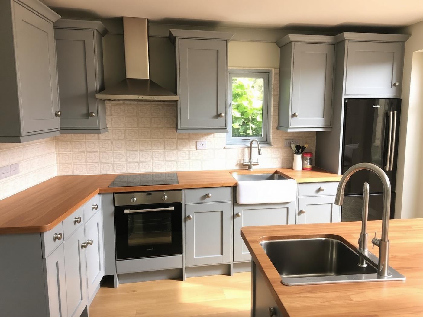 Newly fitted kitchen with wall units and a solid worktop in place
