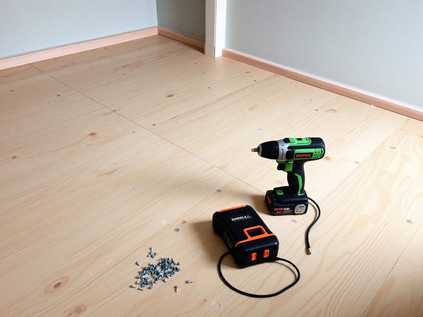 New plywood subfloor sheets screwed down across a room before flooring is laid