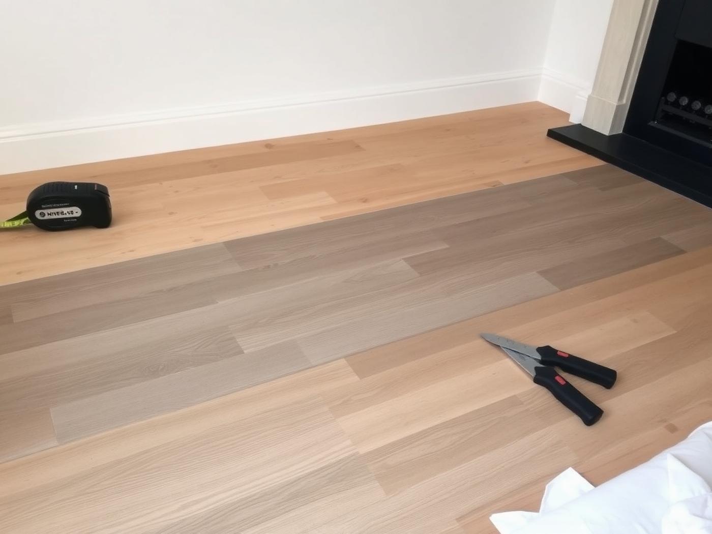 Vinyl planks part laid across a room with a tape measure to one side