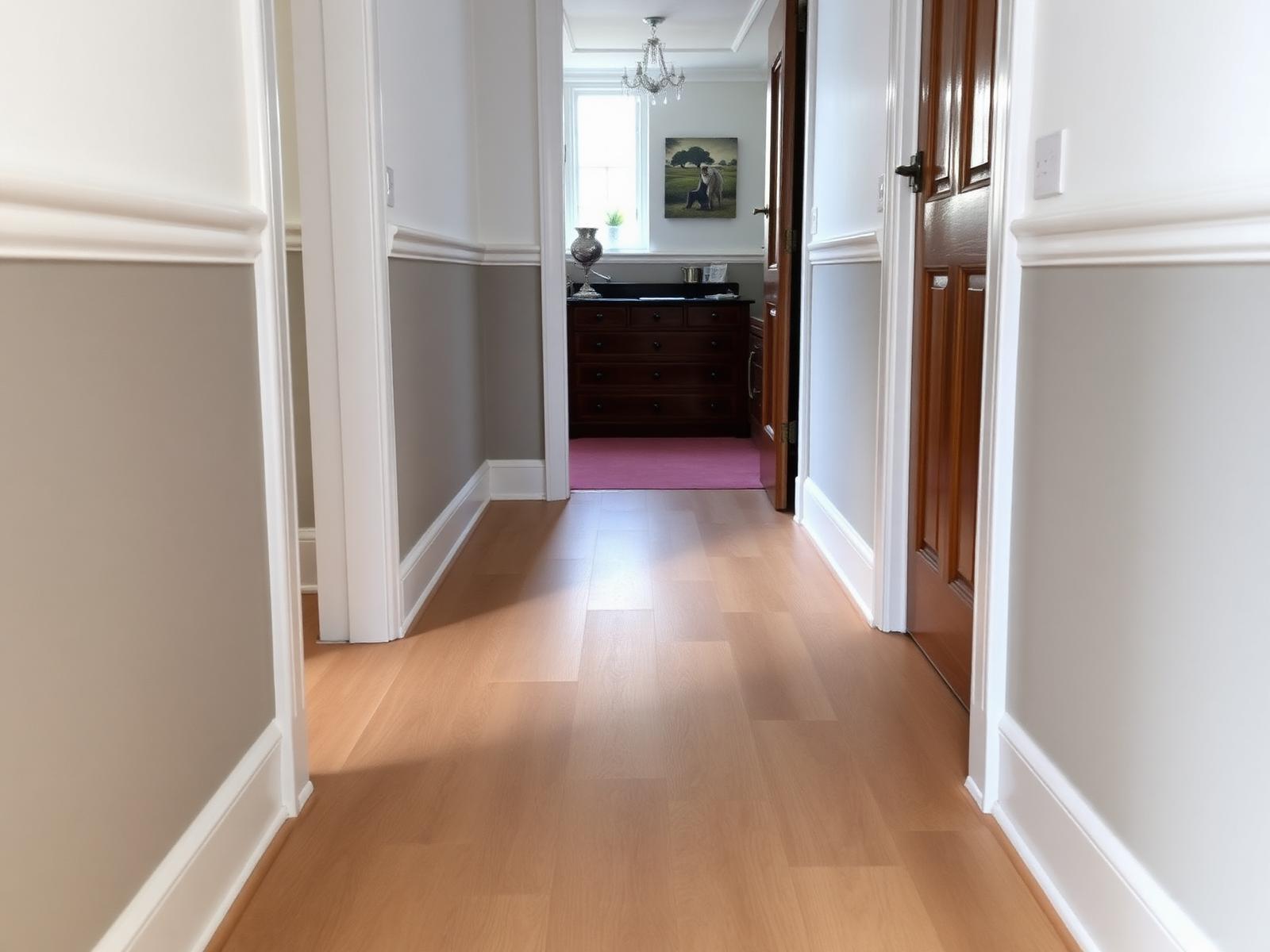 Finished hallway with new wood effect flooring running through a doorway