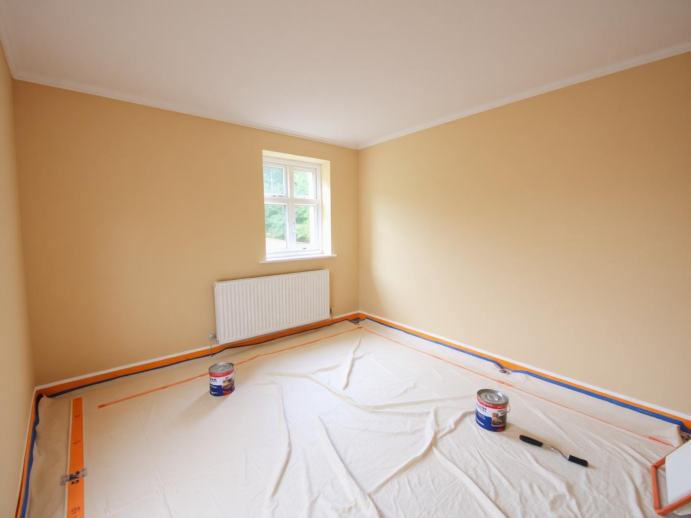 Room prepared for decorating with dust sheets, masking tape and paint tins