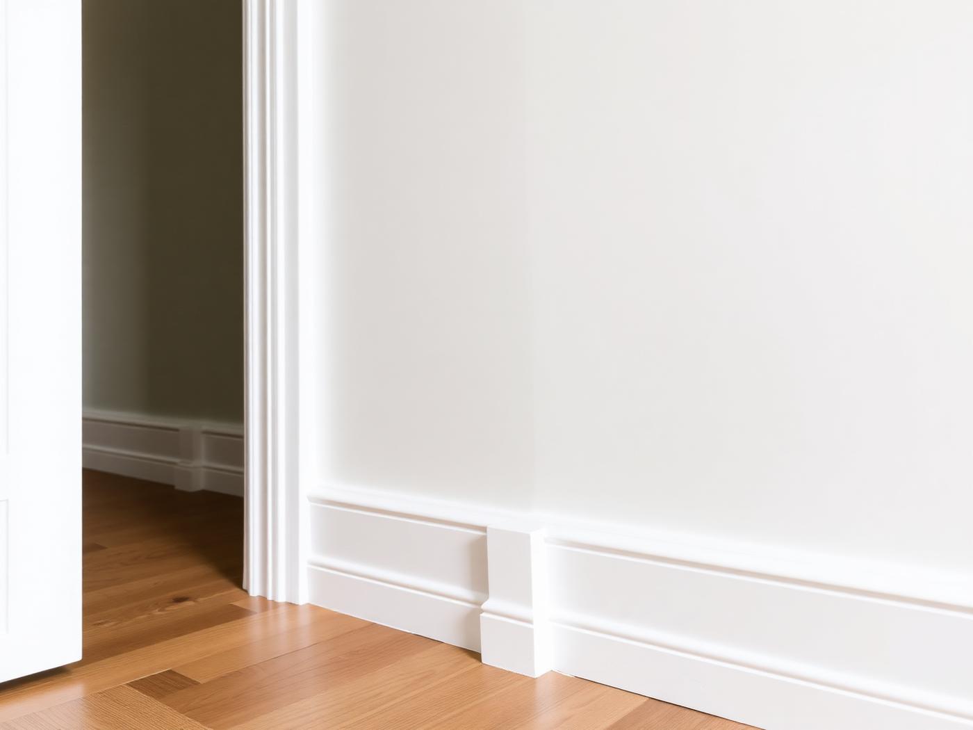 Freshly painted white skirting board and door frame against a neutral wall