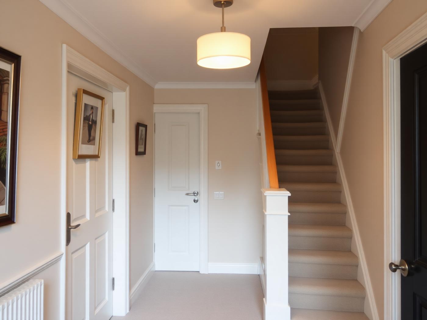 Decorated hallway and stairs with new lighting switched on