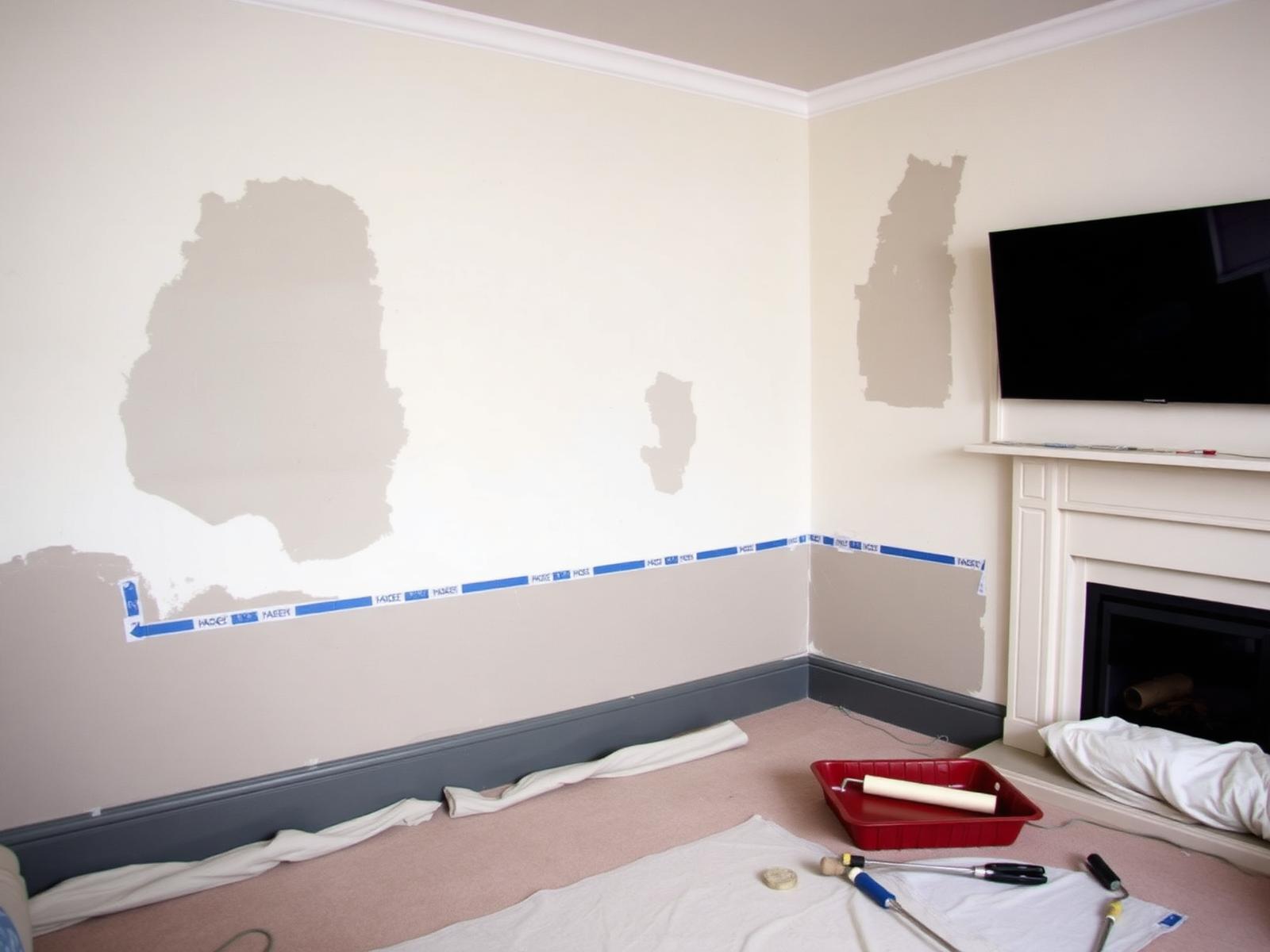 Living room walls filled and sanded with visible patches before painting