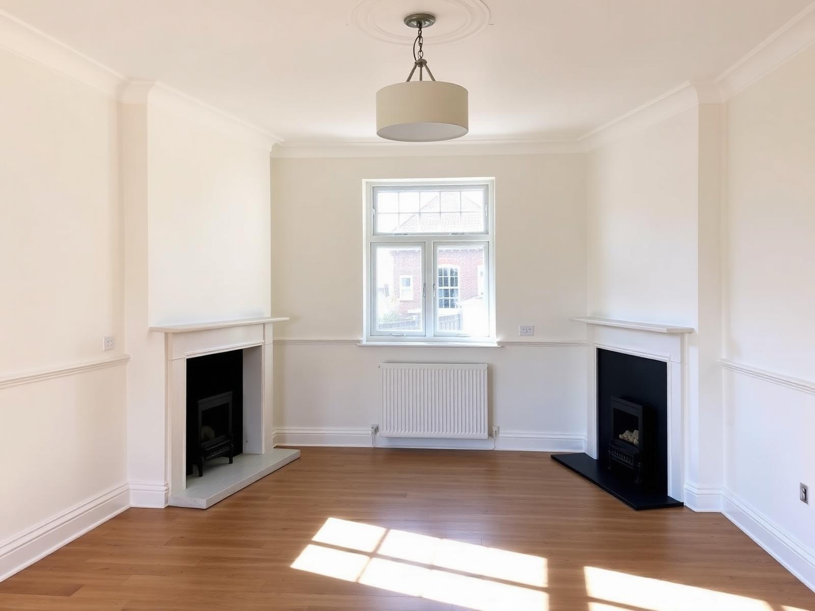Freshly painted reception room with off white walls and crisp white woodwork