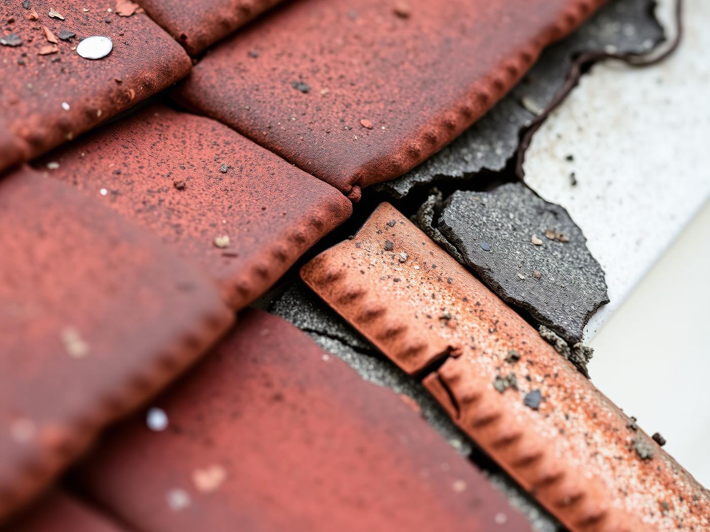 Close up of slipped and cracked roof tiles before repair