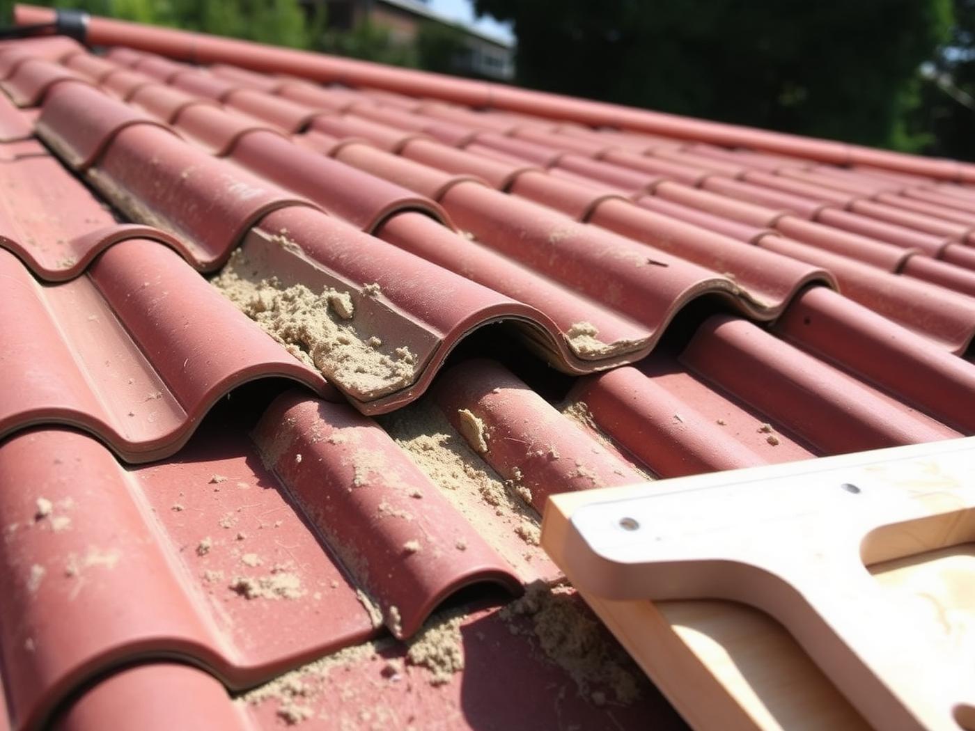 Ridge tiles being re-bedded in fresh mortar