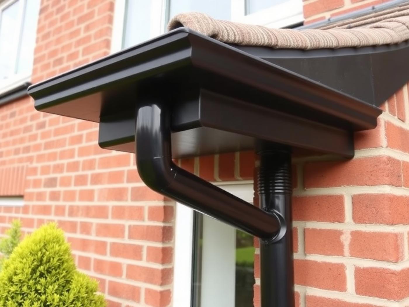 New black gutter and downpipe fitted to a brick wall