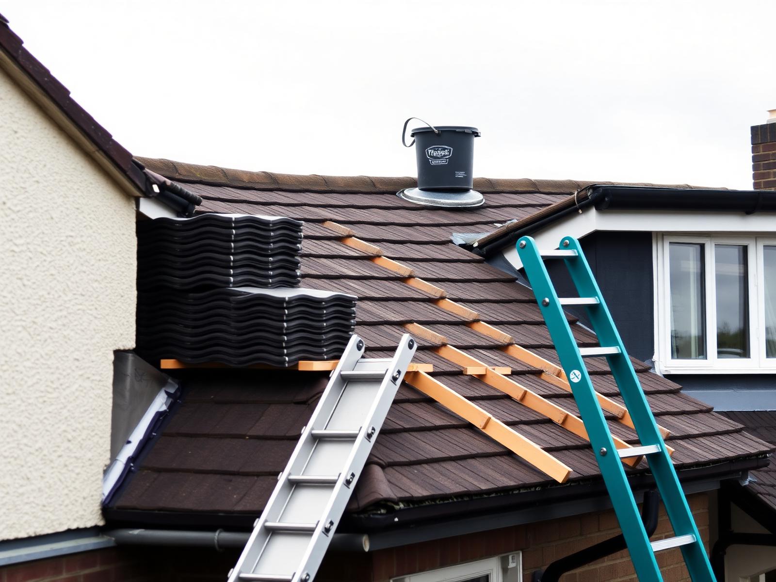 Replacement roof tiles stacked on battens with a roof ladder during repairs