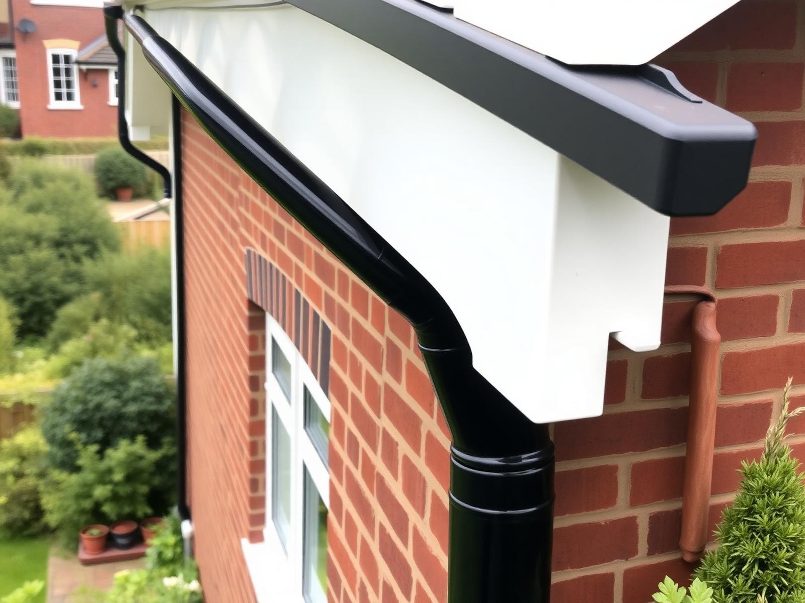 New black guttering and downpipe with white fascia on a UK brick house