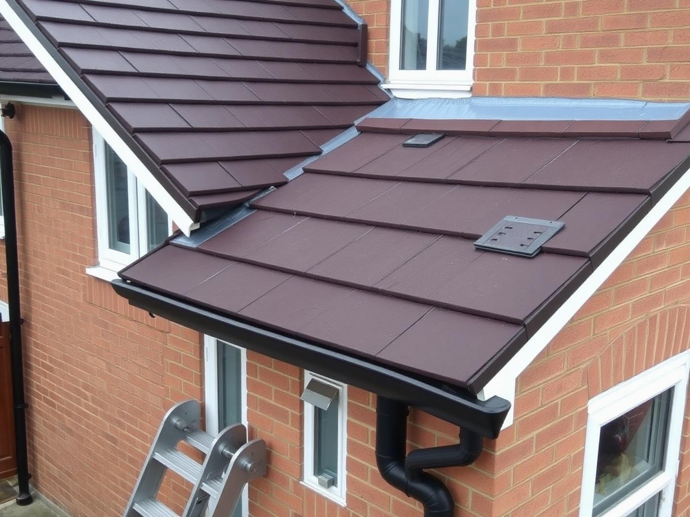 Pitched tiled roof with newly fitted guttering on a UK brick house