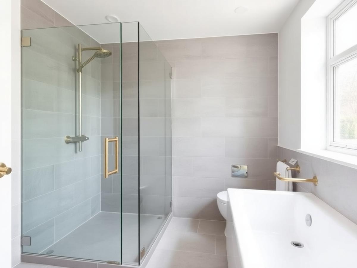 Newly renovated bathroom with a glass walk in shower and large format tiles