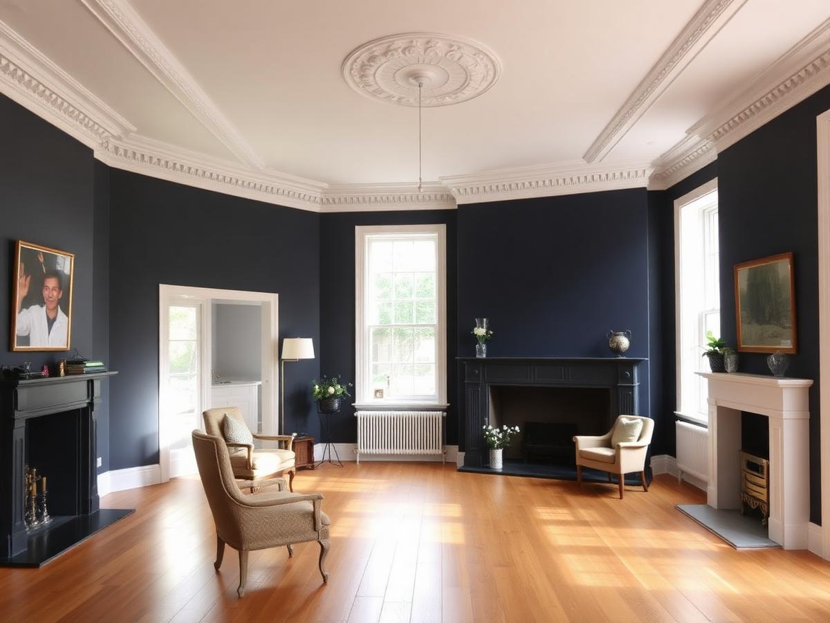 Freshly decorated period living room with restored cornice and neutral paintwork