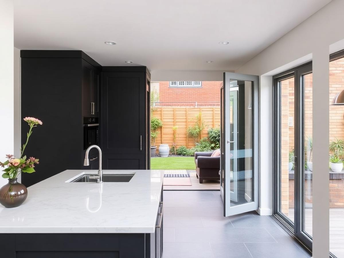 Modern fitted kitchen with dark cabinets and stone worktops opening onto a garden