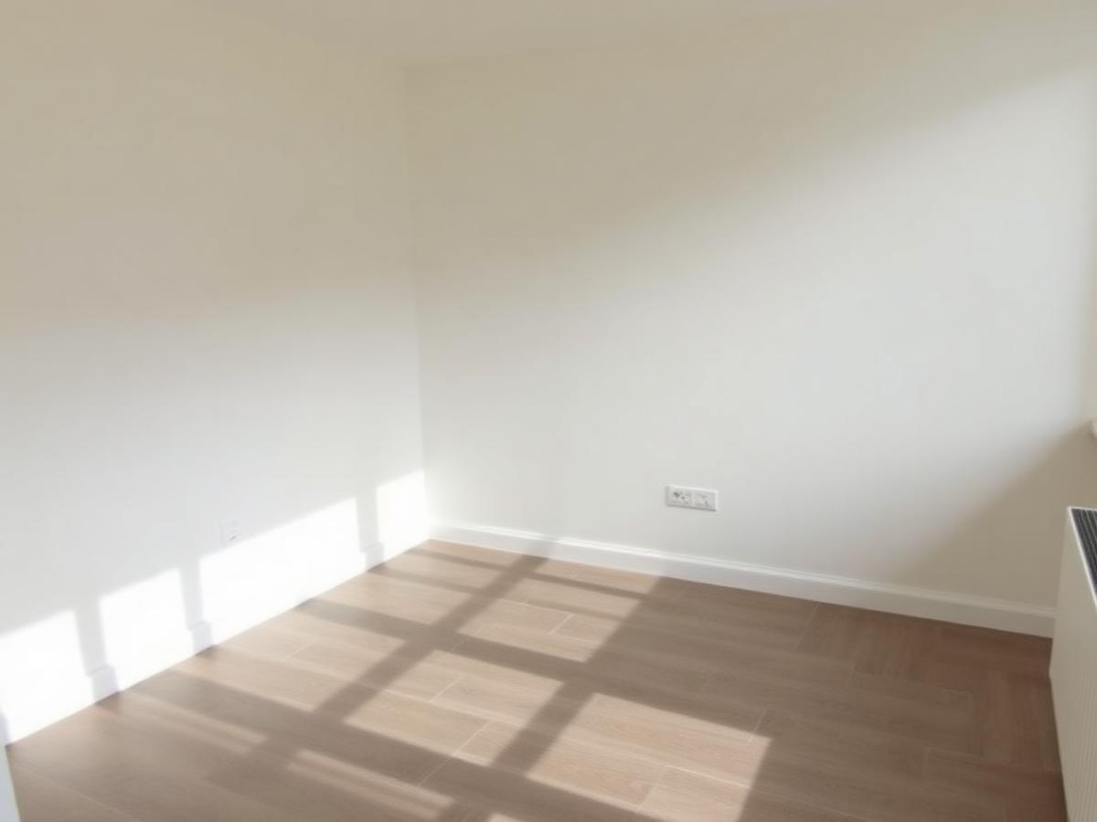 Refurbished rental room with new flooring and freshly painted neutral walls
