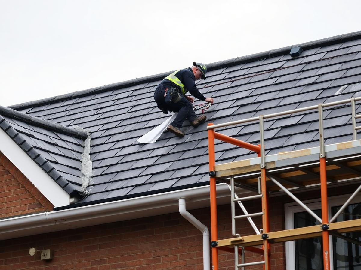 Roofer fitting new slate tiles on a pitched roof with scaffolding in place