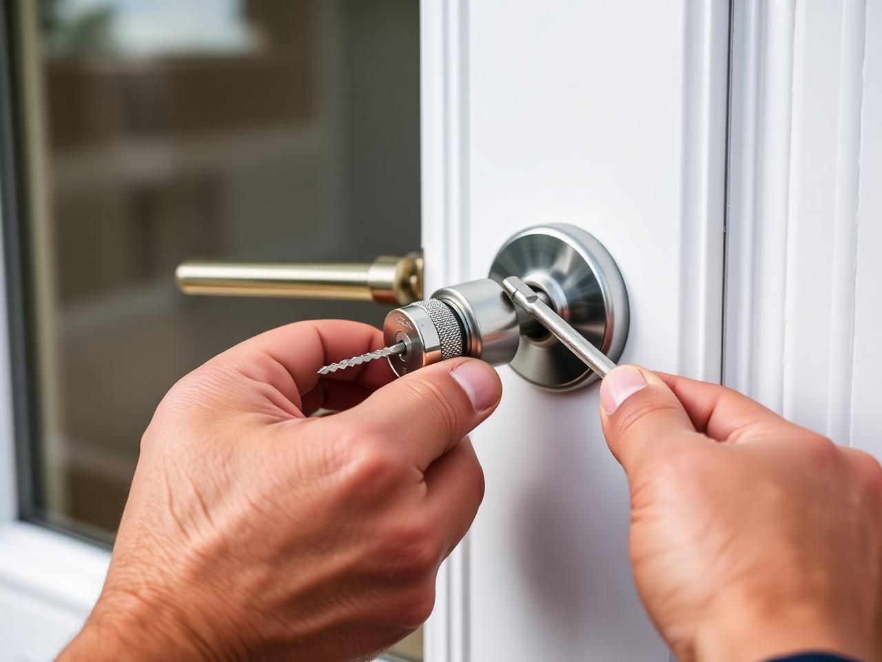 Hands fitting a new euro cylinder lock into a white UPVC front door