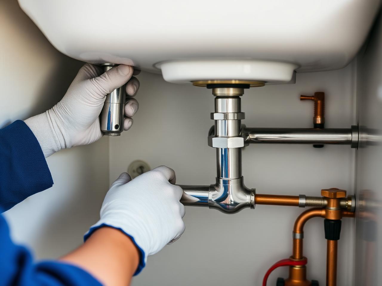 Plumber fitting chrome pipework and a waste trap beneath a white basin