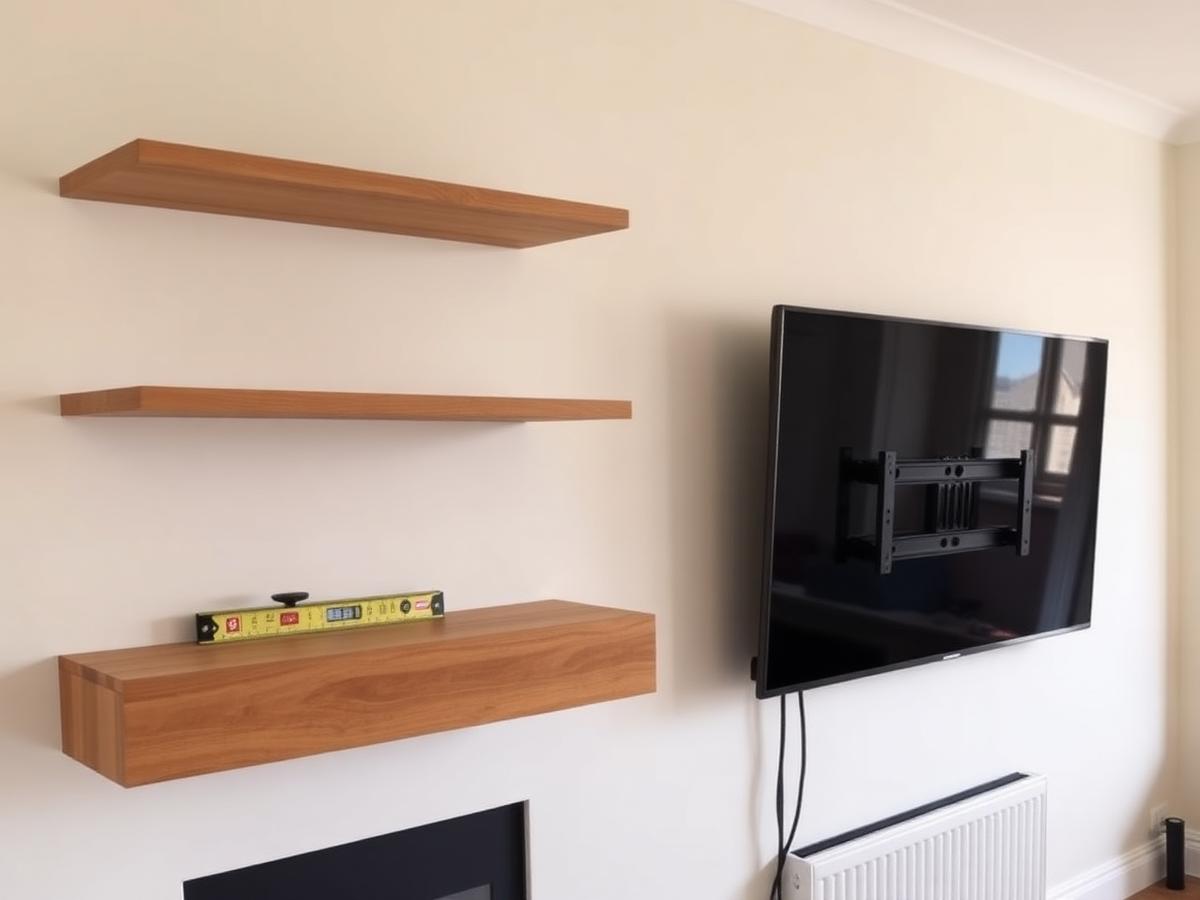 Floating shelves and wall mounted television bracket fitted in South London